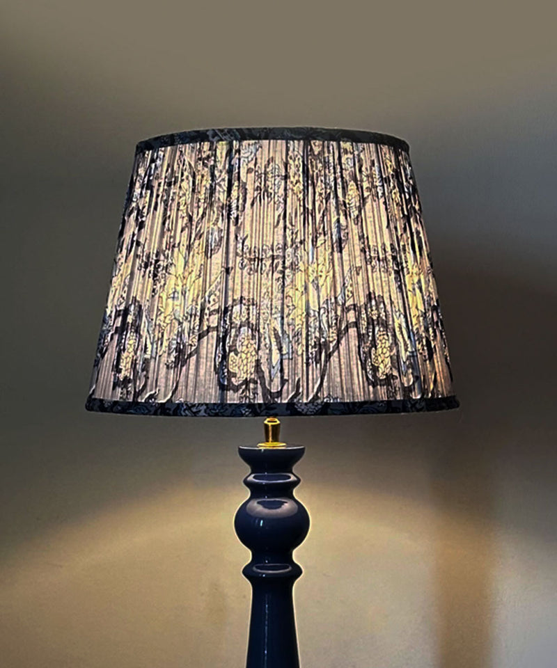 Blue Wooden Table Lamp with Pleated Indigo Floral Shade
