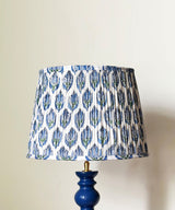 Natural Wood Table Lamp with Blue Leaf Block Print Pleated Shade