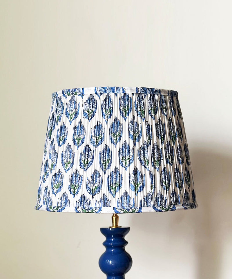Natural Wood Table Lamp with Blue Leaf Block Print Pleated Shade