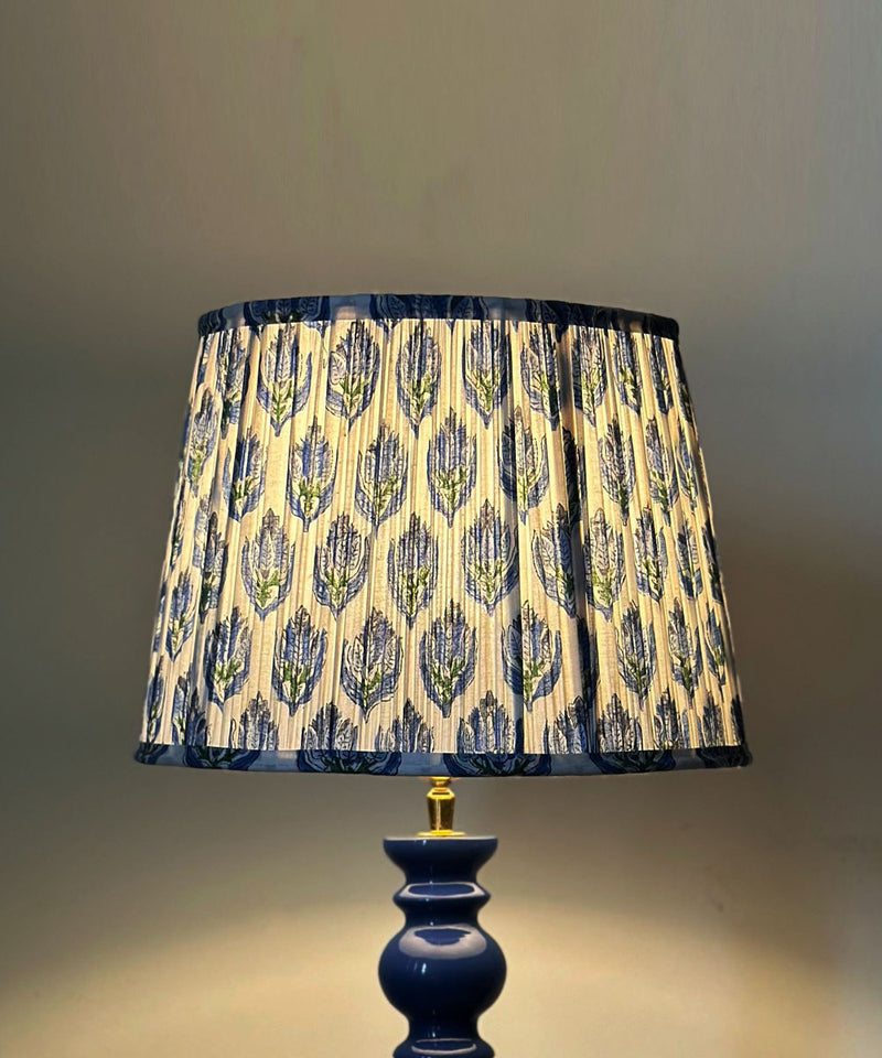 Blue Table Lamp with Block Print Pleated Shade