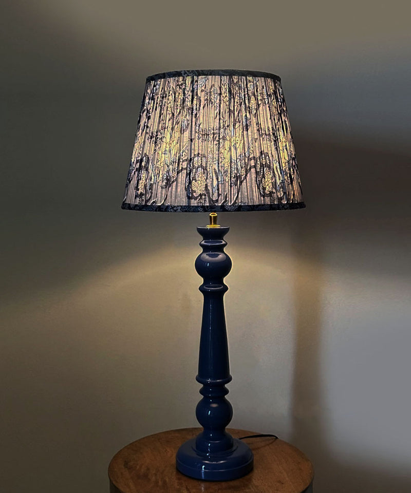 Blue Wooden Table Lamp with Pleated Indigo Floral Shade