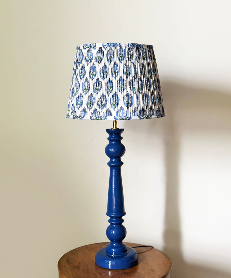 Blue Table Lamp with Block Print Pleated Shade