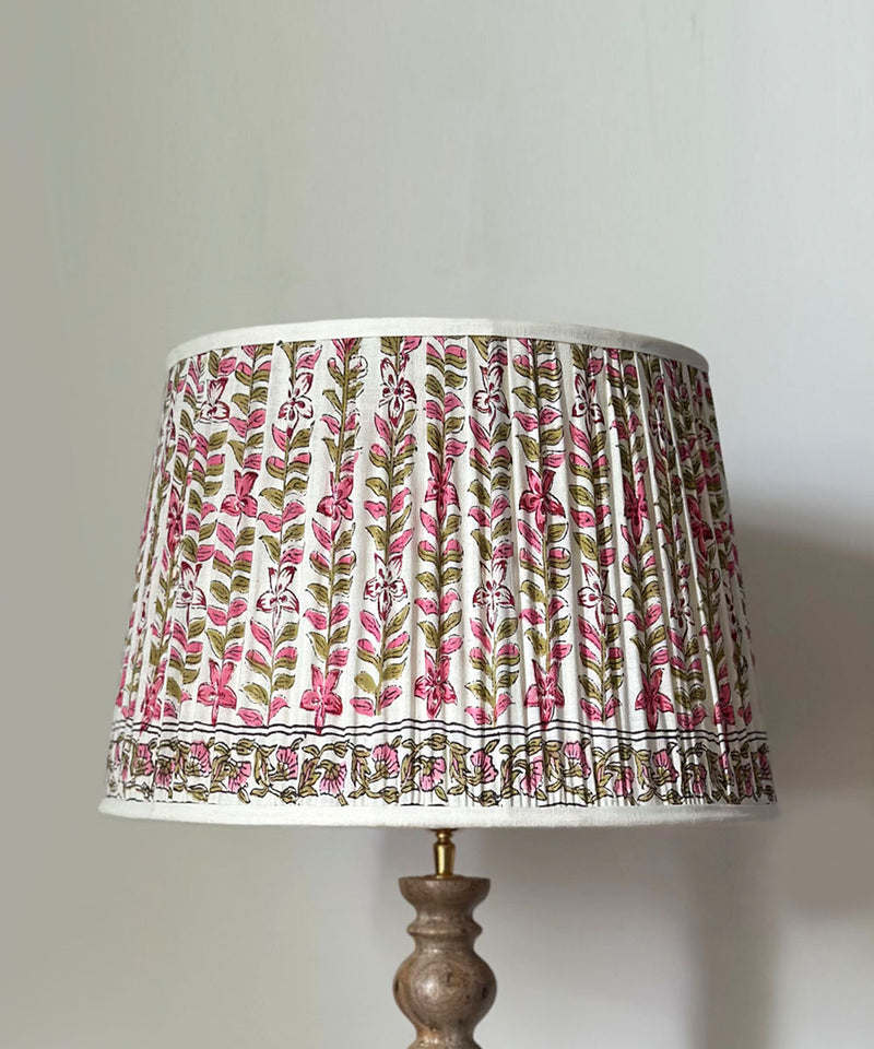 Handcrafted Wooden Floor Lamp with Pink Floral Pleated Shade