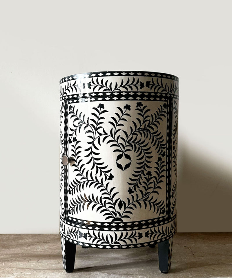 Black & White Vegan Inlay Round End Table with Storage - Zufolo Designs