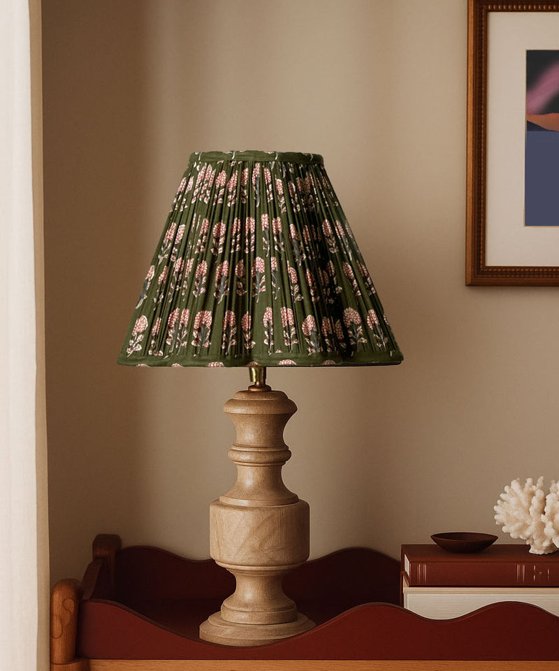 Olive Bloom Pleated Lampshade with Natural Wood Base