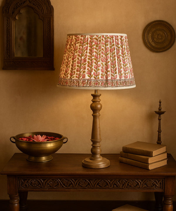 Natural Wood Table Lamp with Pleated Pink Floral Block Print Shade
