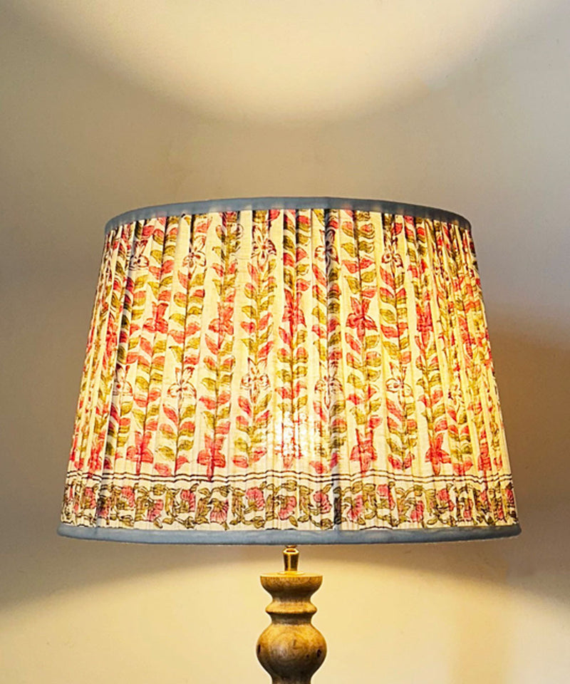Handcrafted Wooden Floor Lamp with Pink Floral Pleated Shade