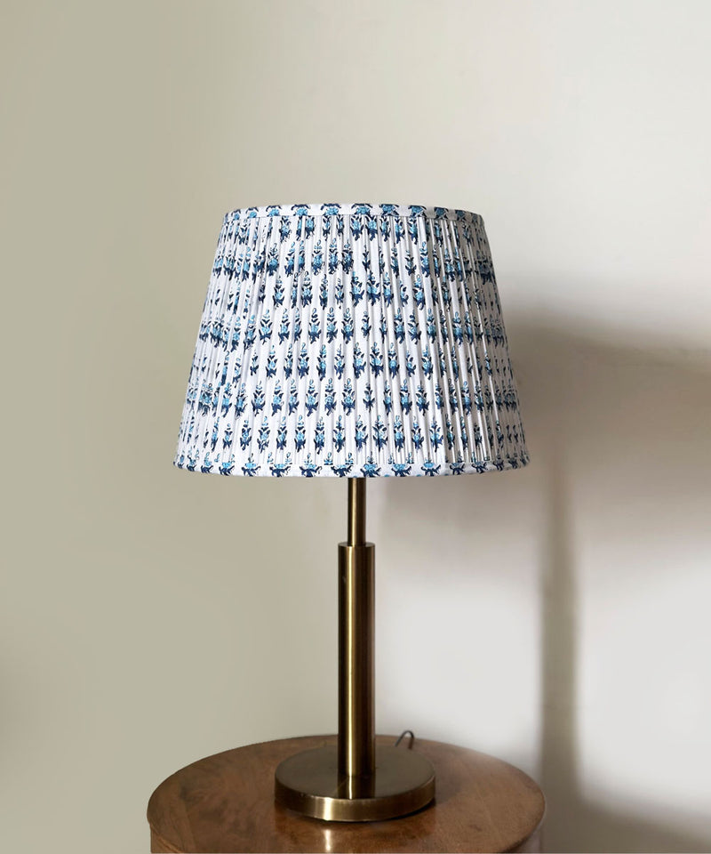 Antique Brass Table Lamp with Blue Floral Pleated Shade