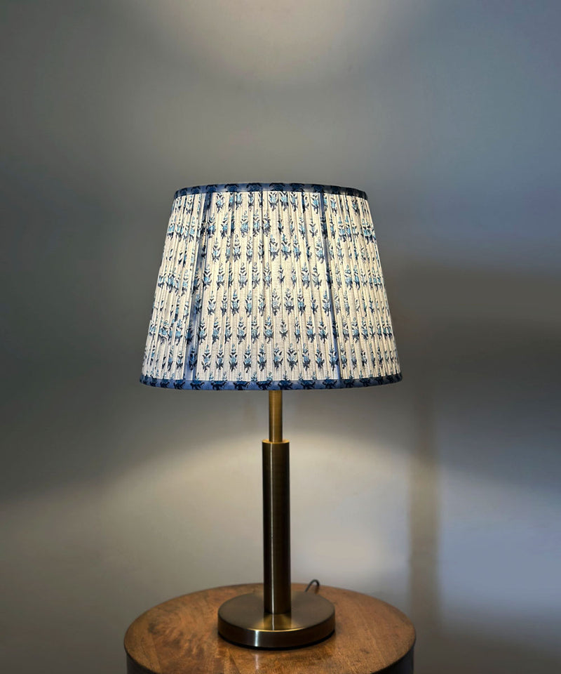 Antique Brass Table Lamp with Blue Floral Pleated Shade