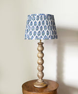 Natural Wood Table Lamp with Blue Leaf Block Print Pleated Shade
