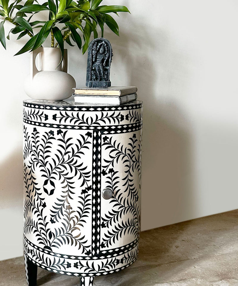 Black & White Vegan Inlay Round End Table with Storage - Zufolo Designs