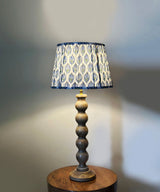 Natural Wood Table Lamp with Blue Leaf Block Print Pleated Shade
