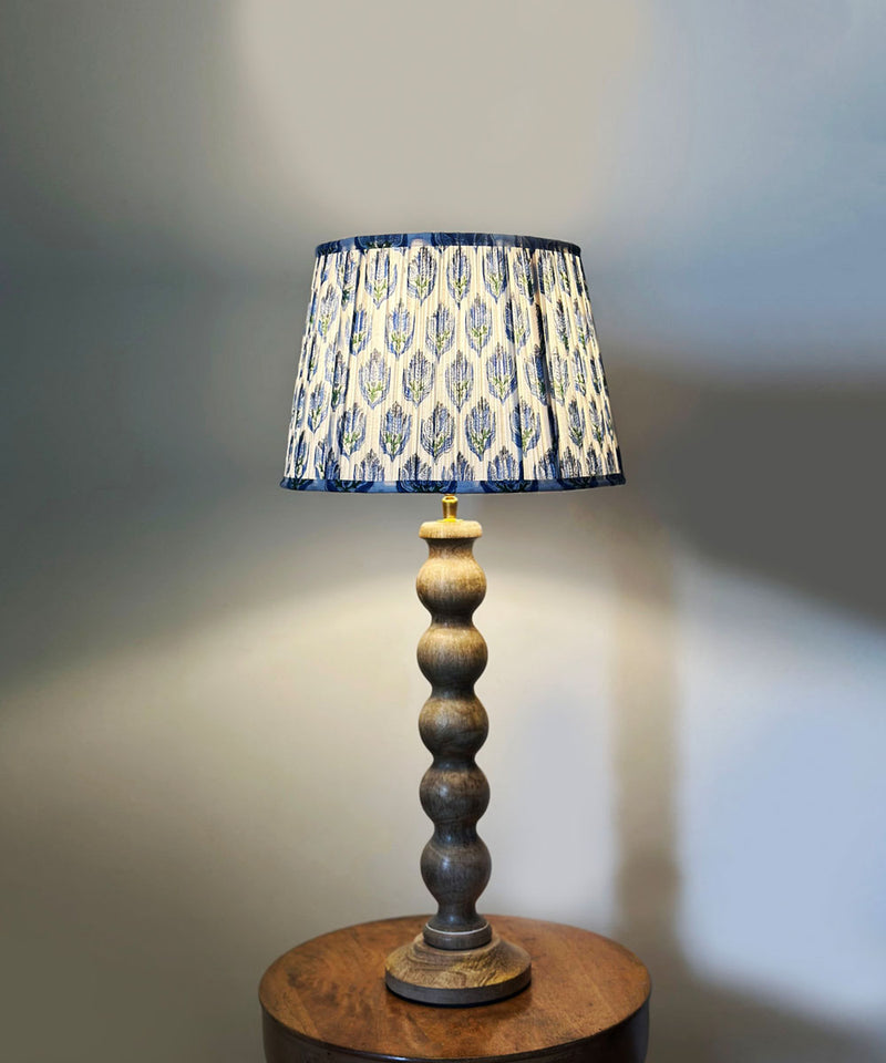 Natural Wood Table Lamp with Blue Leaf Block Print Pleated Shade