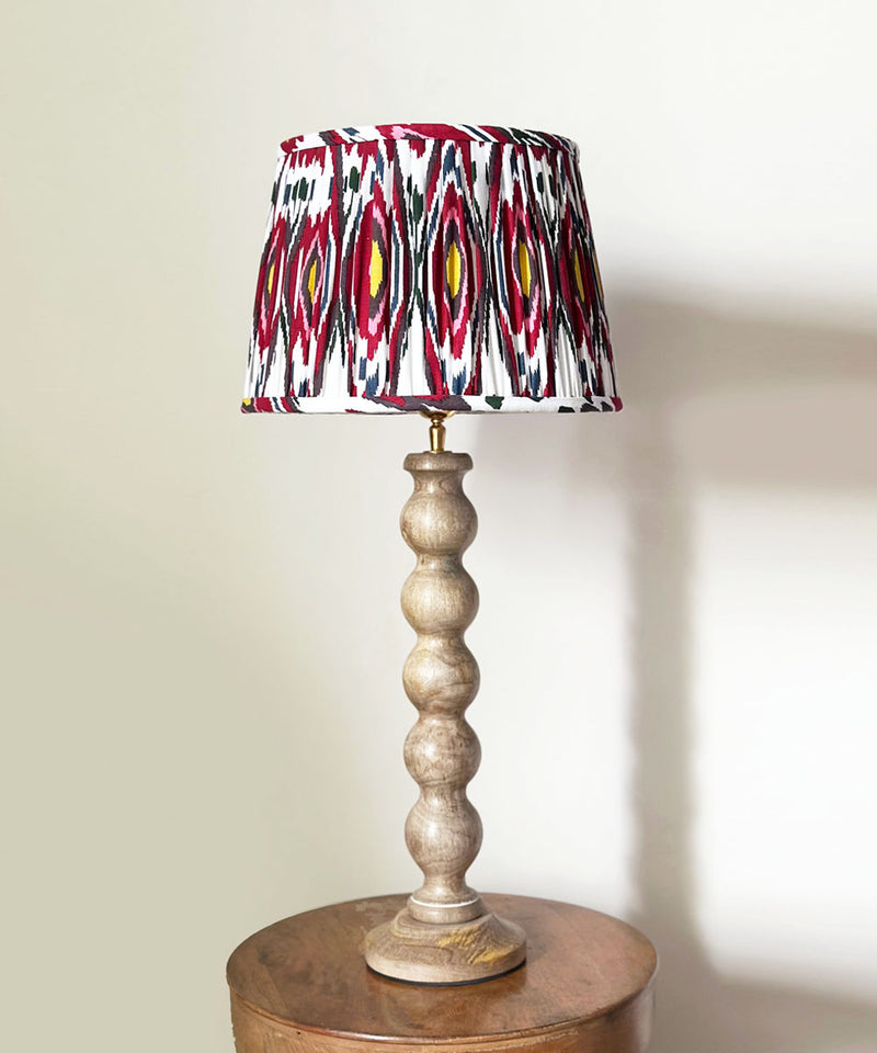 Natural Wood Table Lamp with Red Ikat Pleated Shade