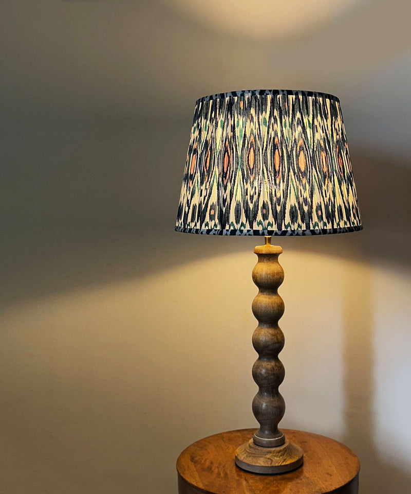 Natural Wood Table Lamp with Blue Ikat Pleated Shade