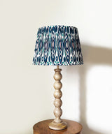 Natural Wood Table Lamp with Blue Ikat Pleated Shade
