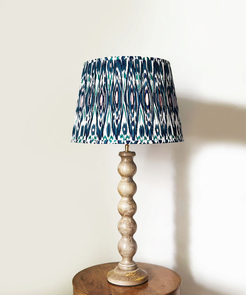 Natural Wood Table Lamp with Blue Ikat Pleated Shade