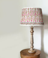 Natural Wood Table Lamp with Pleated Pink Floral Block Print Shade