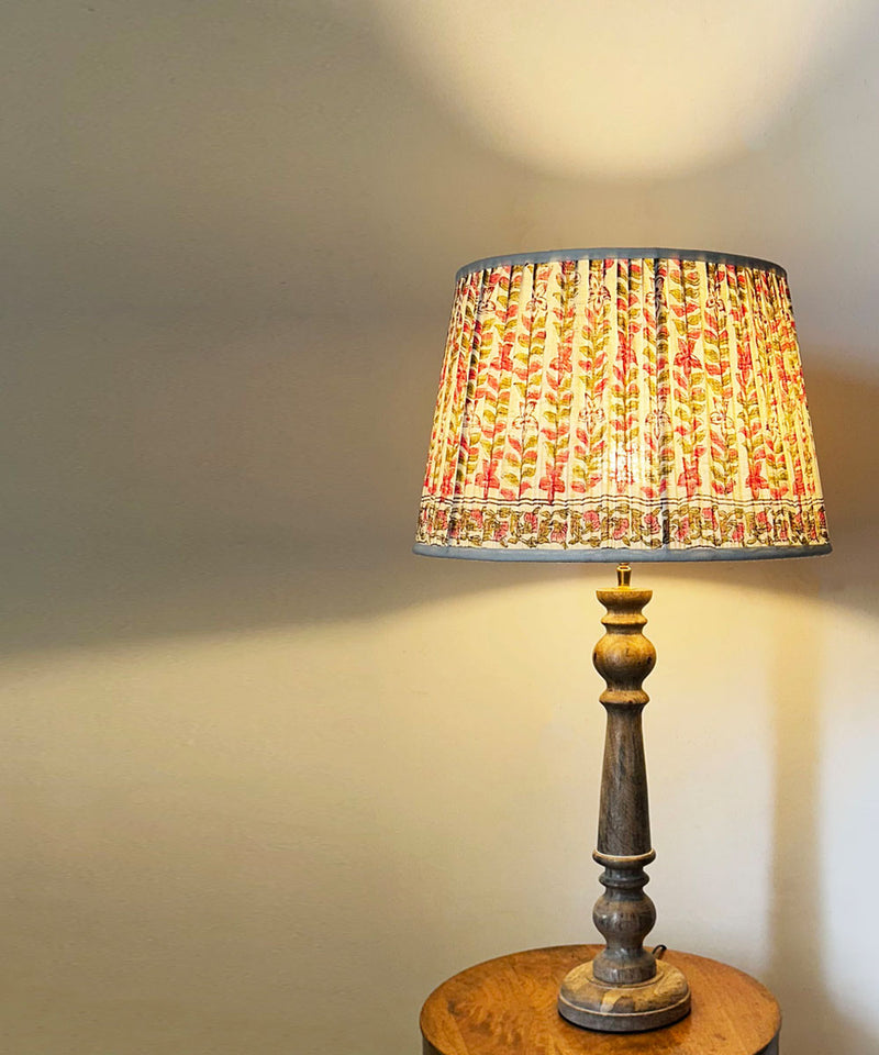 Natural Wood Table Lamp with Pleated Pink Floral Block Print Shade