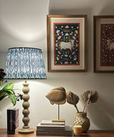 Natural Wood Table Lamp with Blue Ikat Pleated Shade