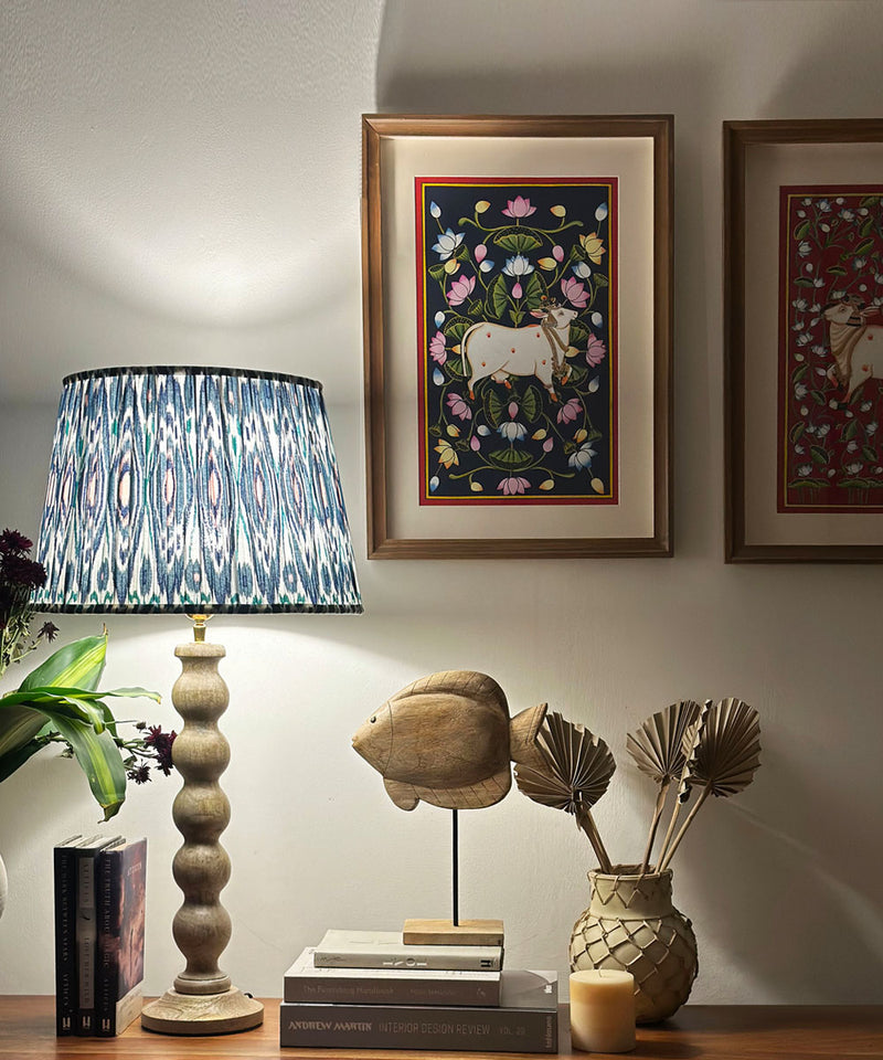 Natural Wood Table Lamp with Blue Ikat Pleated Shade