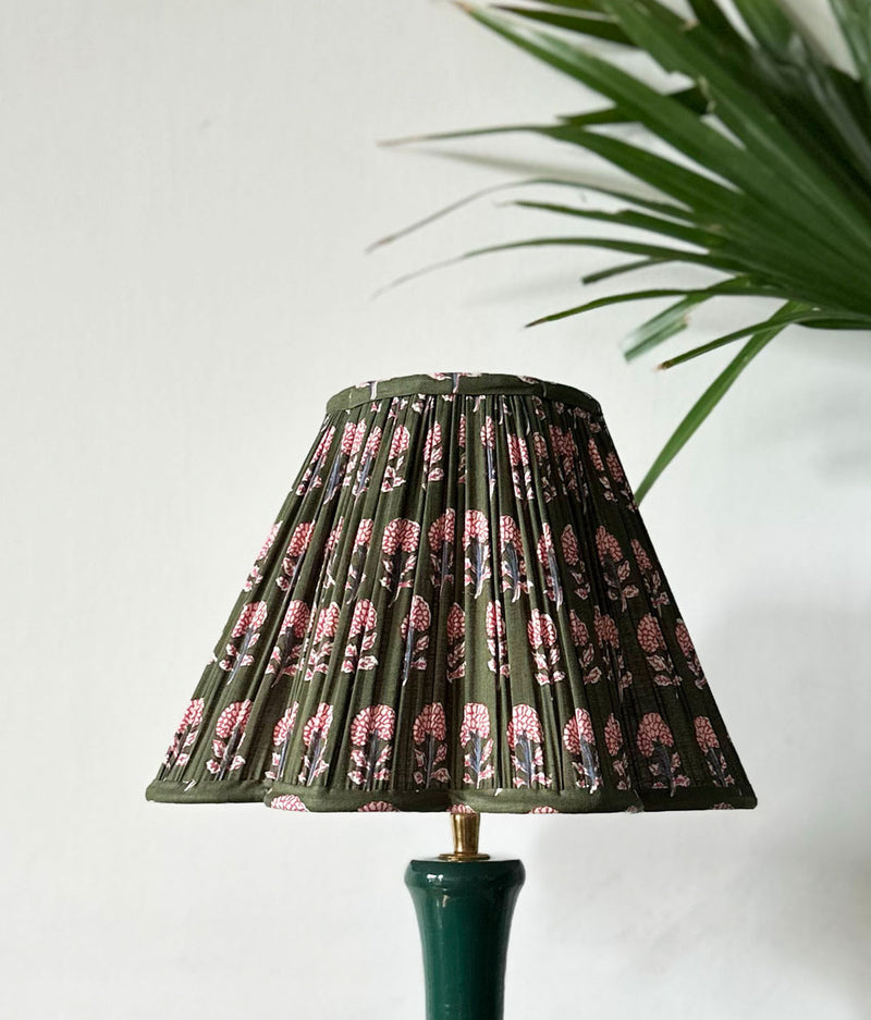 Deep Green Gloss Lamp with Olive Floral Shade