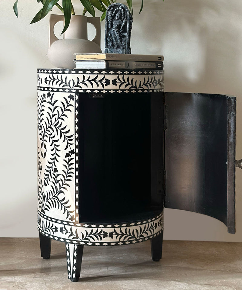 Black & White Vegan Inlay Round End Table with Storage - Zufolo Designs