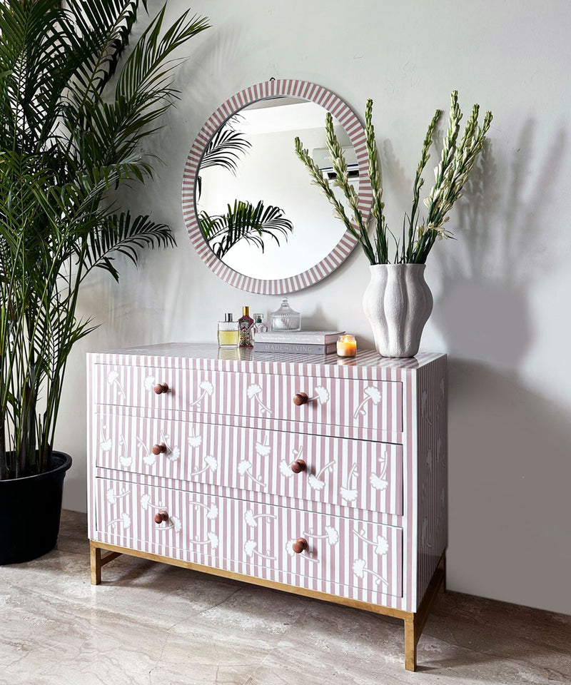 Blush Pink Floral Stripe Chest of Drawers in Vegan Inlay