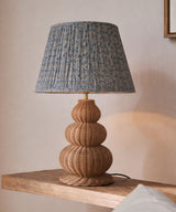 Handwoven Rattan Table Lamp with Pleated Blue Floral Shade