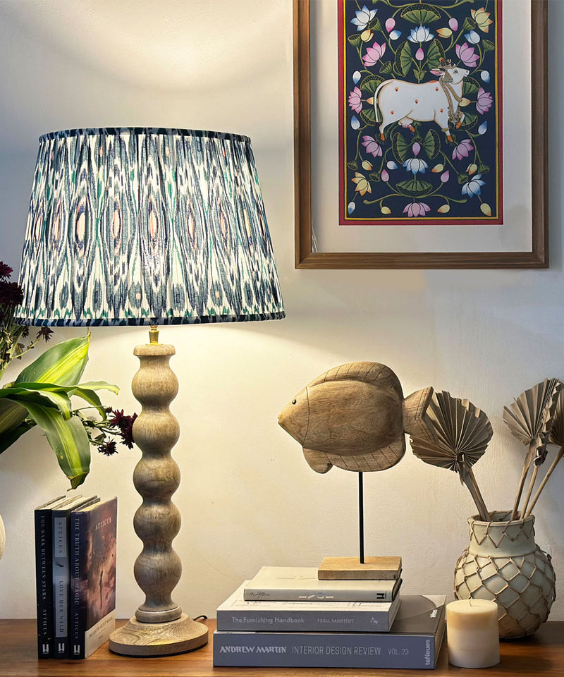 Natural Wood Table Lamp with Blue Ikat Pleated Shade