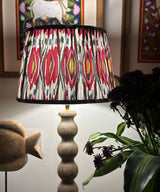 Natural Wood Table Lamp with Red Ikat Pleated Shade