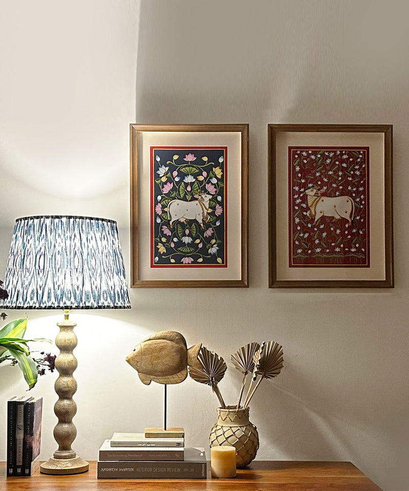 Natural Wood Table Lamp with Blue Ikat Pleated Shade