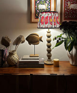 Natural Wood Table Lamp with Red Ikat Pleated Shade