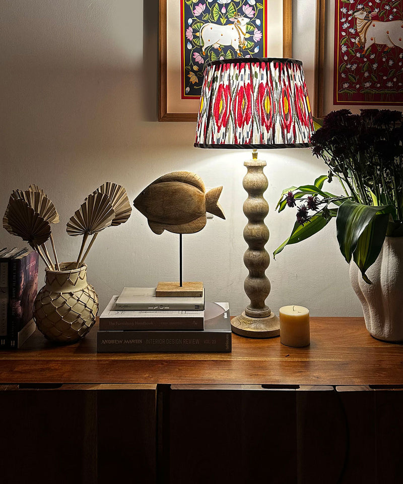 Natural Wood Table Lamp with Red Ikat Pleated Shade