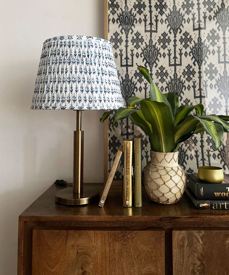 Antique Brass Table Lamp with Blue Floral Pleated Shade