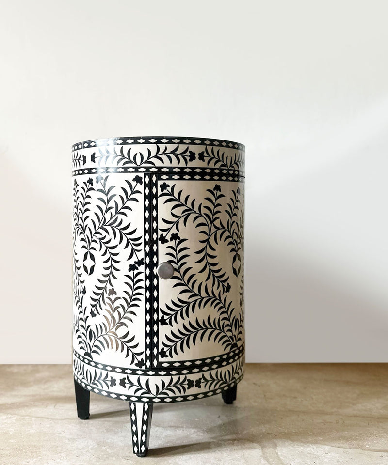 Black & White Vegan Inlay Round End Table with Storage - Zufolo Designs