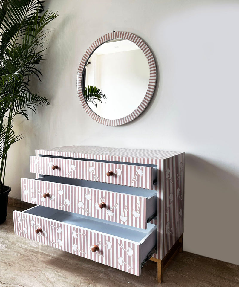 Blush Pink Floral Stripe Chest of Drawers in Vegan Inlay