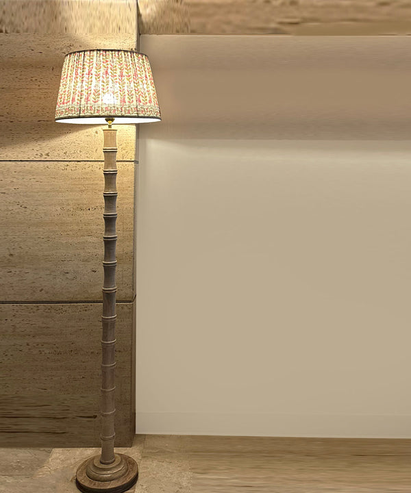 Handcrafted Wooden Floor Lamp with Pink Floral Pleated Shade