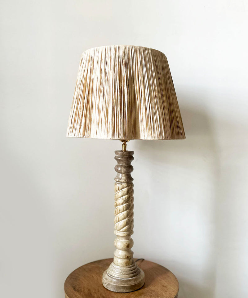 Twisted Carved Wooden Table Lamp with Raffia Shade