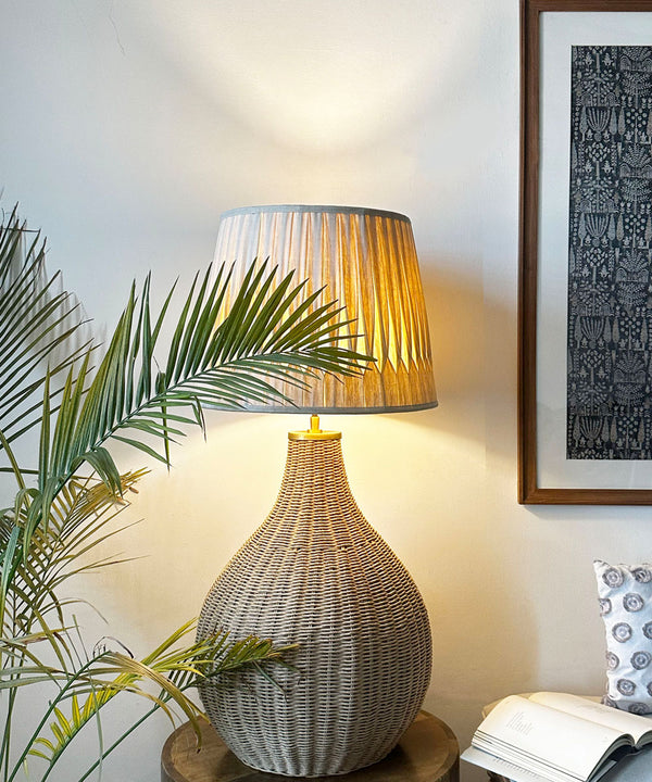 Woven Rattan Table / Floor Lamp with Smocked Cotton Shade