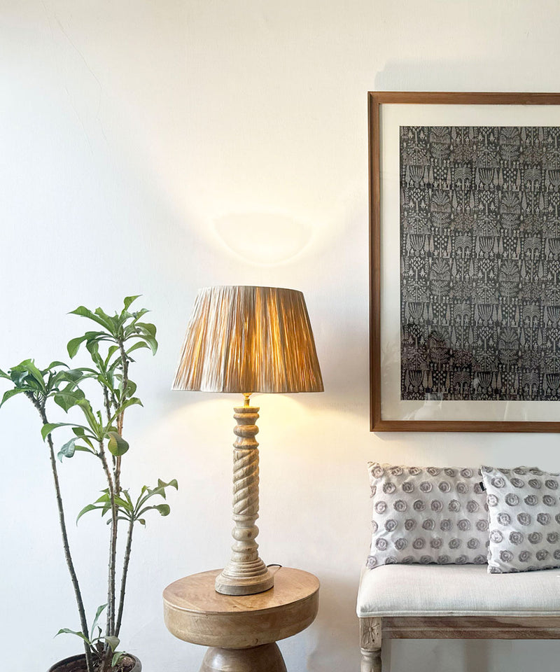 Twisted Carved Wooden Table Lamp with Raffia Shade