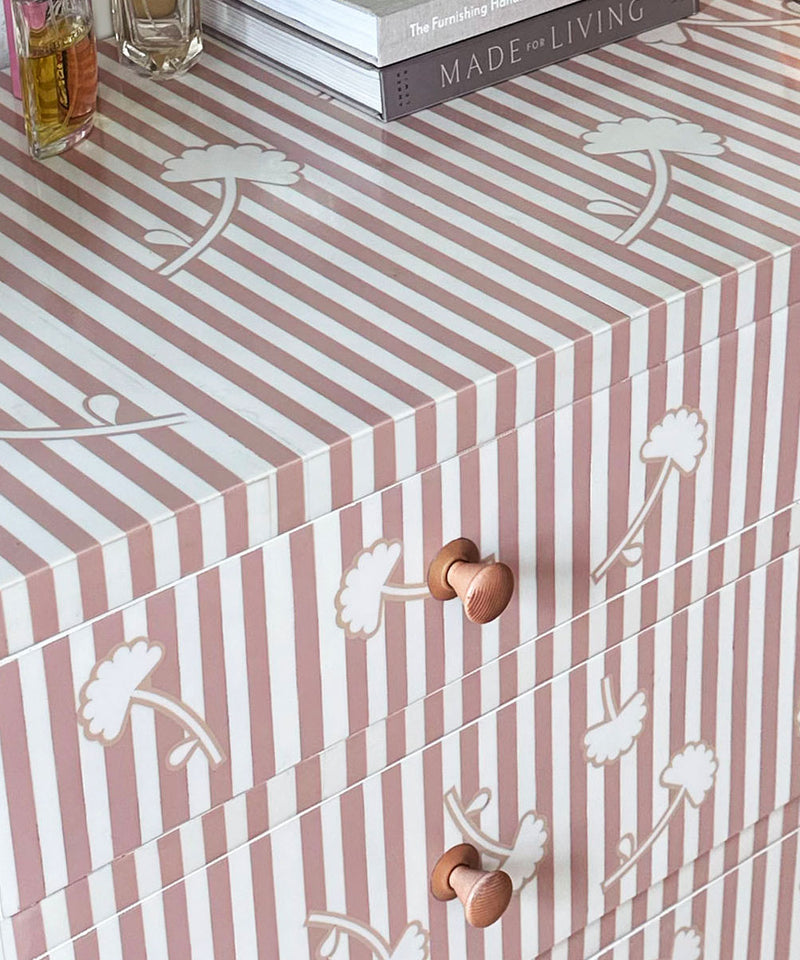 Blush Pink Floral Stripe Chest of Drawers in Vegan Inlay