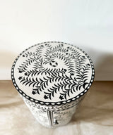 Black & White Vegan Inlay Round End Table with Storage - Zufolo Designs