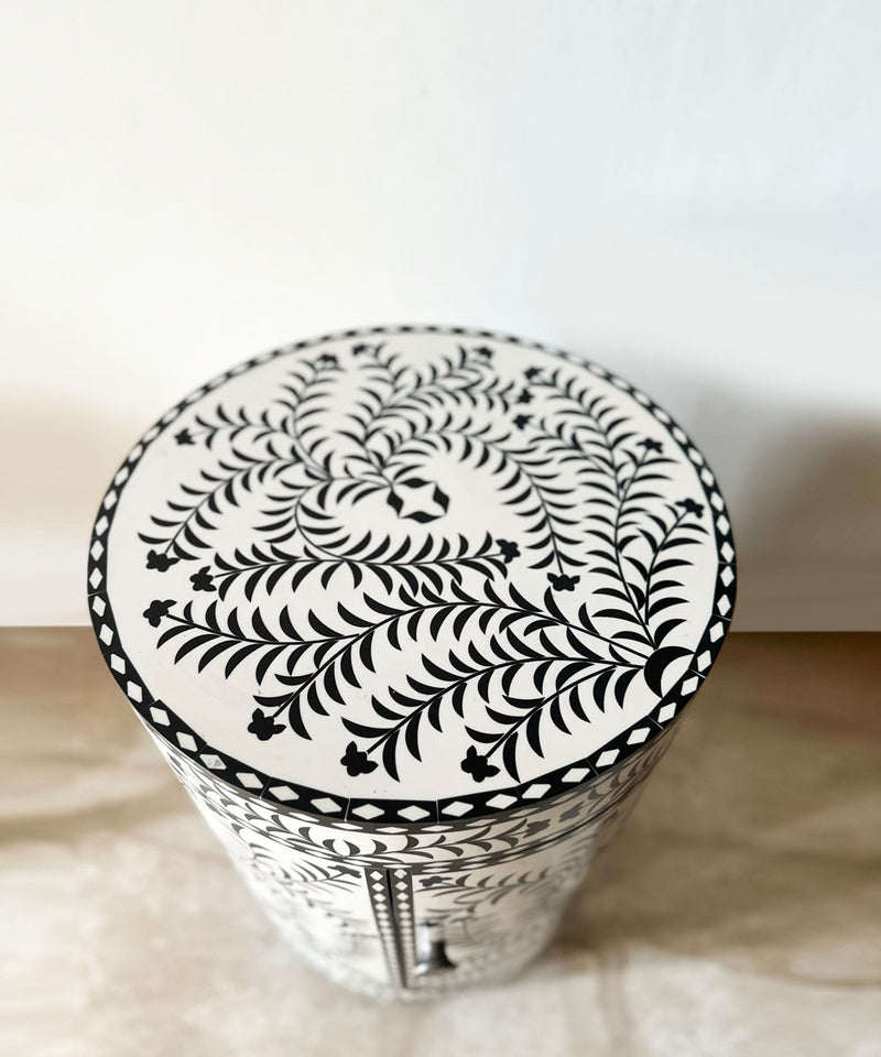 Black & White Vegan Inlay Round End Table with Storage - Zufolo Designs