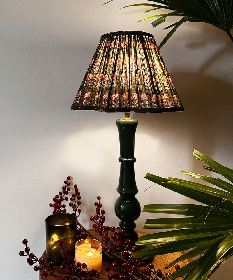 Deep Green Gloss Lamp with Olive Floral Shade