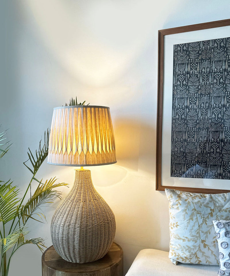 Woven Rattan Table / Floor Lamp with Smocked Cotton Shade - Zufolo Designs