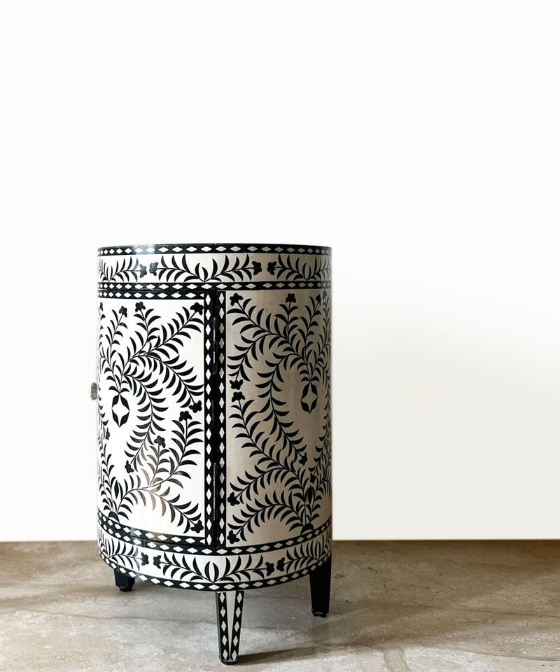 Black & White Vegan Inlay Round End Table with Storage - Zufolo Designs