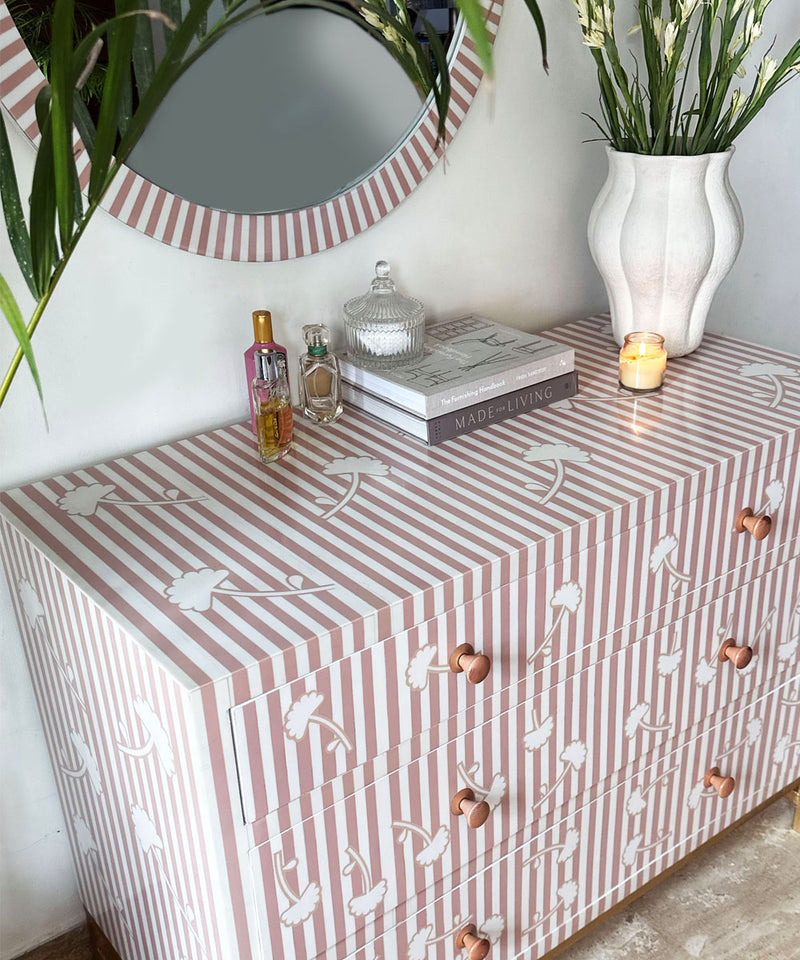 Blush Pink Floral Stripe Chest of Drawers in Vegan Inlay