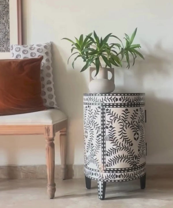 Black & White Vegan Inlay Round End Table with Storage